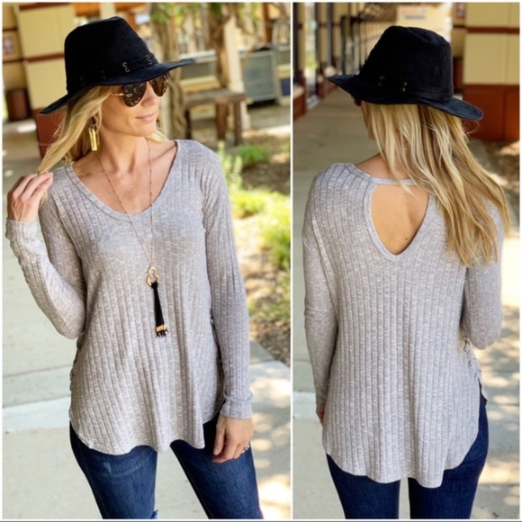 Infinity Raine Tops - LAST ONE! Heather Gray Ribbed Lace up Side Tunic